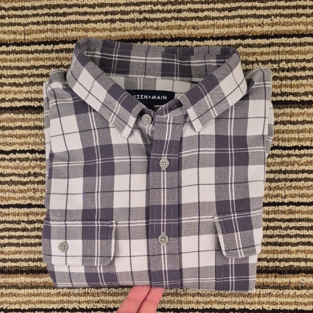 MIZZEN + MAIN Grey Cream Plaid Thick Flannel‎ Blend Large Mens Long Sleeve Shirt